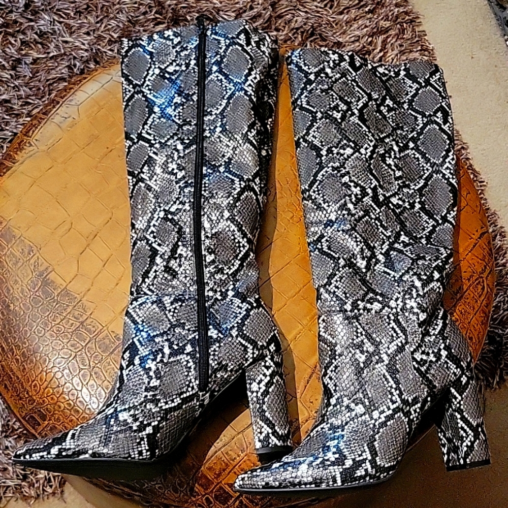 Striking Snake skin knee high boot.